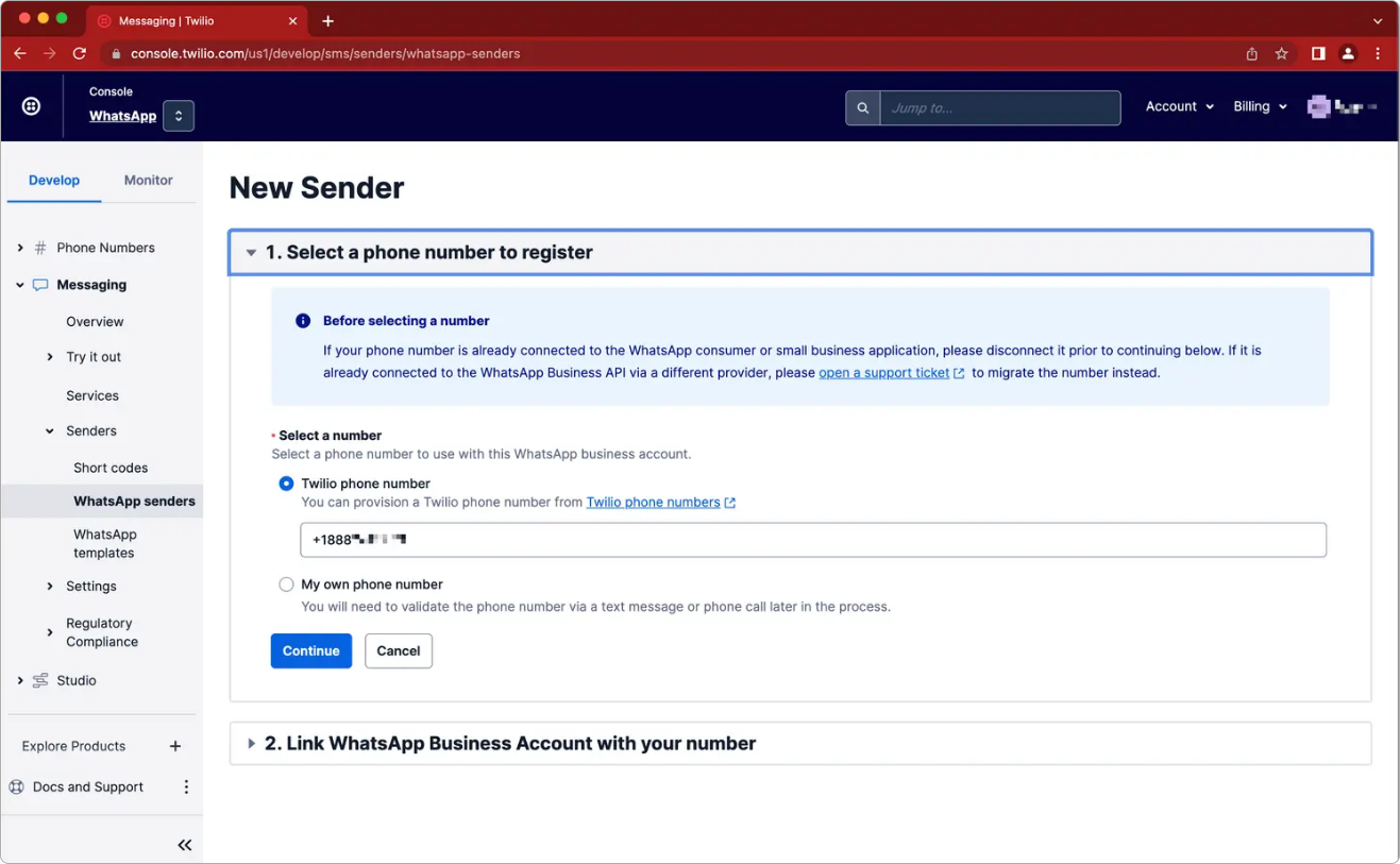 Twilio number selection