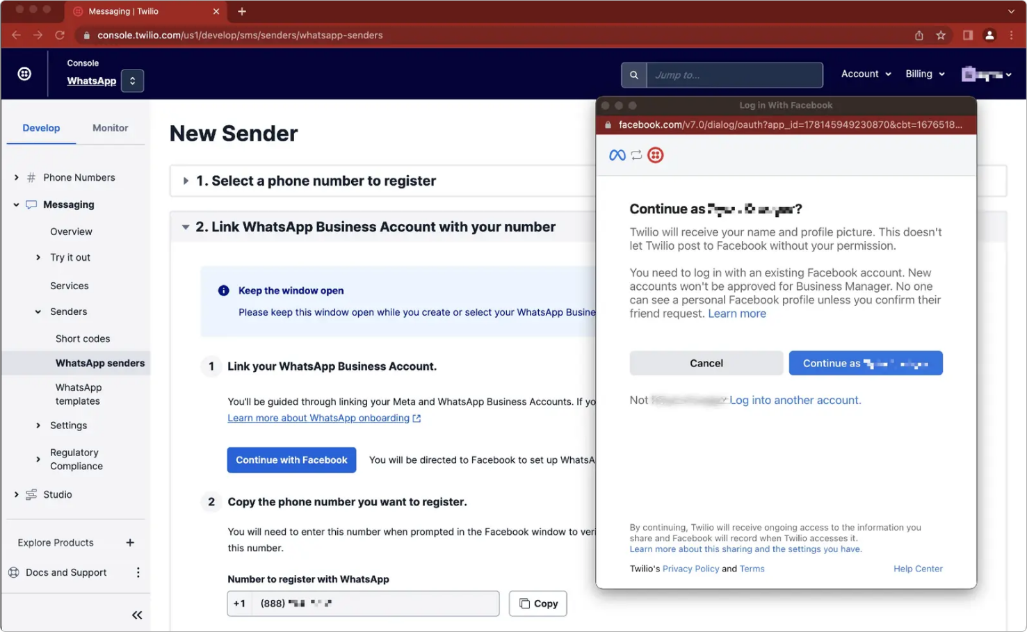 Twilio Self Sign-up Continue with Facebook