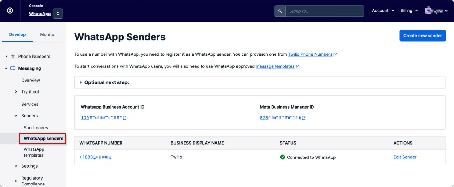 Twilio WhatsApp sender ready