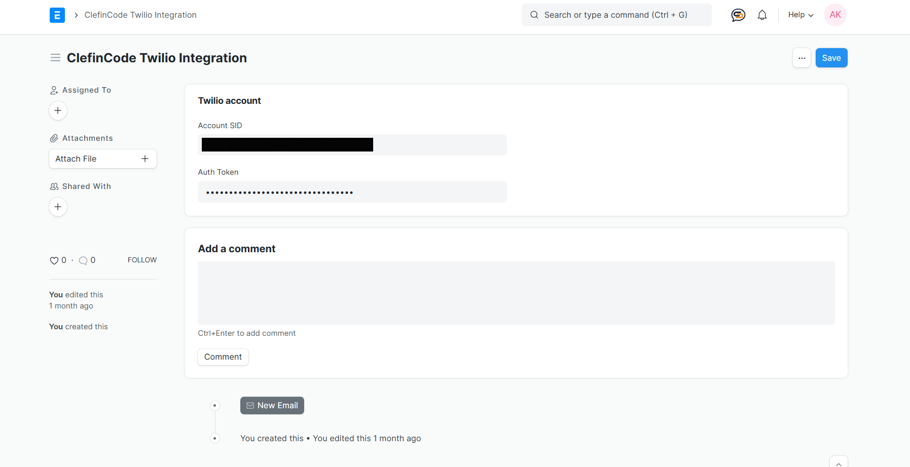 Twilio integration credentials