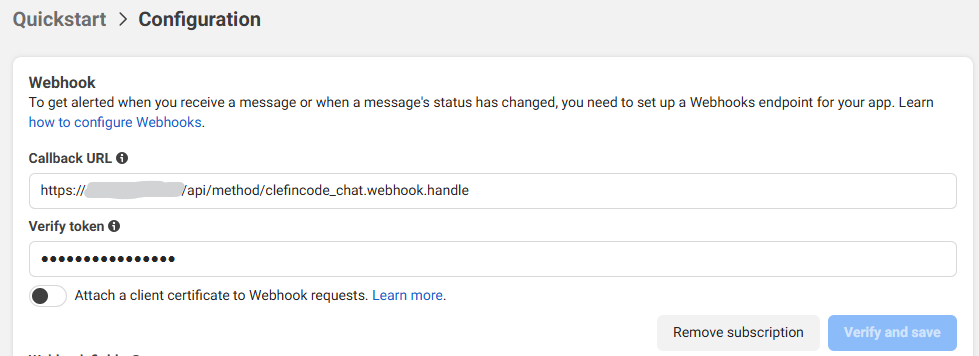 Meta Webhook Configuration Screenshot